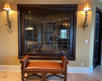 Maitland Smith textured leather bench with nailhead trim 4'9" x 22". Pair of 3' tall John-Richard wall sconces