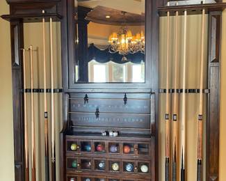 Mirrored billiards floor cue rack with cues, balls and accessory storage. 4'11" x 5'10" tall by Maitland Smith. Keeps score, holds 10 cues, 18 balls (these are replica balls)