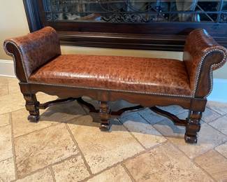 Maitland Smith textured leather bench with nailhead trim 4'9" x 22"