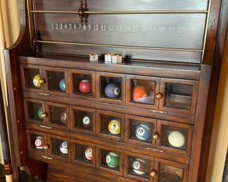 Mirrored billiards floor cue rack with cues, balls and accessory storage. 4'11" x 5'10" tall by Maitland Smith. Keeps score, holds 10 cues, 18 balls (these are replica balls)