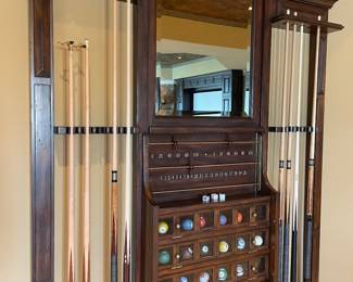 Rare Maitland Smith billiards cue rack with cues, balls and accessory storage. 4'11" x 5'10" tall. Keeps score, holds 10 cues, 18 balls (these are replica balls)