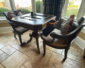 Maitland Smith game table with 2 rolling leather chairs. measures 32" x 32" table top