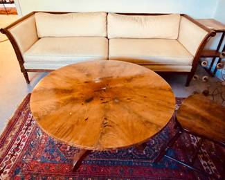 Regency Style sofa & round burl wood table