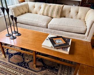 Rolled arm sofa; MCM walnut coffee table attributed to Harvey Prober