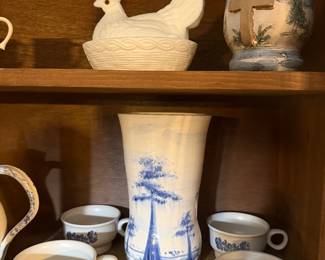 glass eye milk glass hen on nest, blue and white pottery pieces