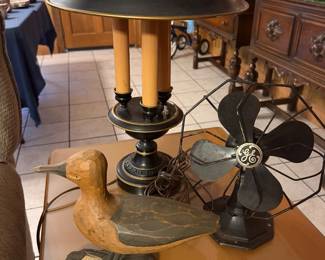 tole lamp, GE fan, and carved wood bird