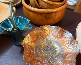 carnival glass, wood salad bowl set