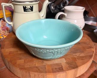round butcher block, Homer Laughlin bowl, Hall tea pitcher
