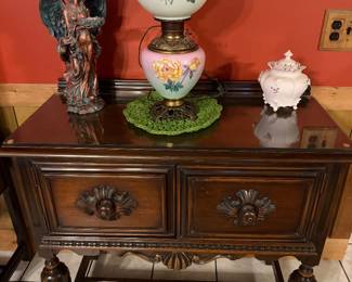 cottage style small server, Gone with the Wind hand painted lamp, bisque bisquit jar, angel candle holder