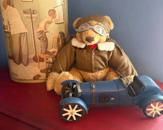 metal car, teddy bear, Norman Rockwell trash can