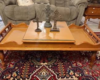 maple coffee table with glass top (Rug and loveseat NOT FOR SALE)