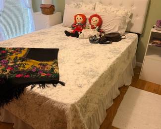 queen fabric headboard bed with like new mattress, vintage Raggedy Anne and Andy dolls