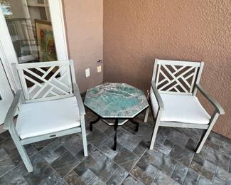 Octagonal Green Marble Top Side Table with Two Lattice Back Chairs