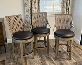 Set of 3 Ballard Designs Makena Swivel Counter Stools with Woven Backs and Dark Upholstery