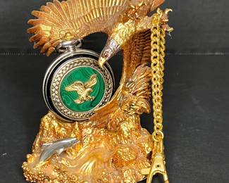 FRANKLIN MINT BALD EAGLE "WINGS OF FREEDOM" POCKET WATCH AND STAND