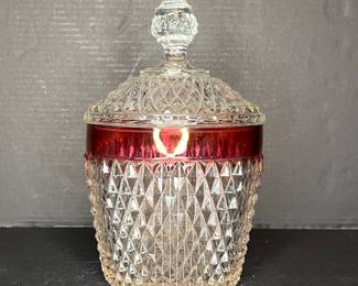 INDIANA GLASS DIAMOND POINT RUBY FLASH LIDDED JAR