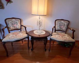 TAPESTRY CHAIRS AND MID CENTURY PRISM LAMP
