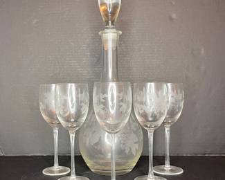 MID CENTURY ETCHED CRYSTAL WINE DECANTER SET