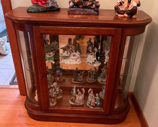 ROUNDED SIDE CURIO AND ROYAL DOULTON FIGURINES