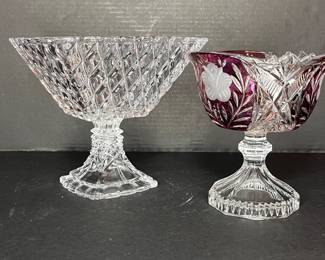 CUT TO CLEAR PEDESTAL BOWL AND CUT CRYSTAL PEDESTAL BOWL