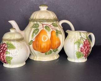 FRUIT PATTERN TEAPOT, SUGAR AND CREAMER