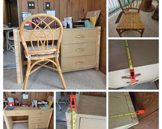 Woven rattan-trimmed writing desk, 3 drawers, matching rattan side chair, can-style wrapped sides $195