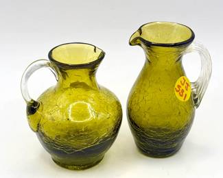 (2) Avocado Crackle Glass Pitchers
