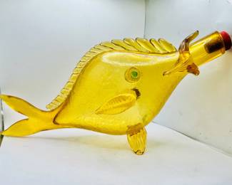 16” Mid Century Amber Italian Art Crackle Glass Fish Wine Bottle with Cork
