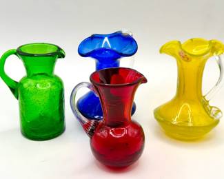 (4) Bright Crackle Glass Pitchers
