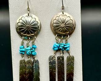 turquoise and sterling silver concho earrings with carved mother-of-pearl feather
