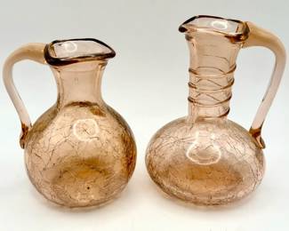 (2) Pale Pink Crackle Glass Pitchers
