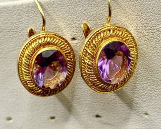Gilt Sterling Silver Earrings With Amethyst Colored Stones
