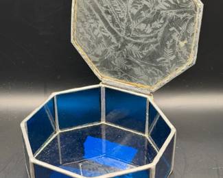 vintage stained blue glass octagonal jewelry box
