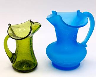 (2) Tiny Crackle Glass Pitchers

