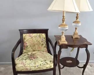 Antique Table, Armchair W 2 Lamps