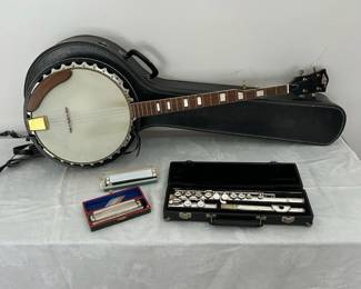 Vintage Instrument Lot Banjo, Harmonicas  Flute
