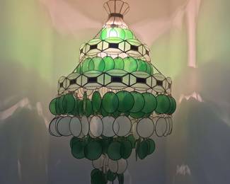 MCM Green and White Capiz Shell Chandelier