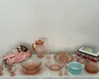 Pink Depression Glass Lot With Ceramic Cookie Jars And Pyrex