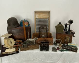 Mixed Rustic Antique Lot Primitives, Tools, Military, Etc