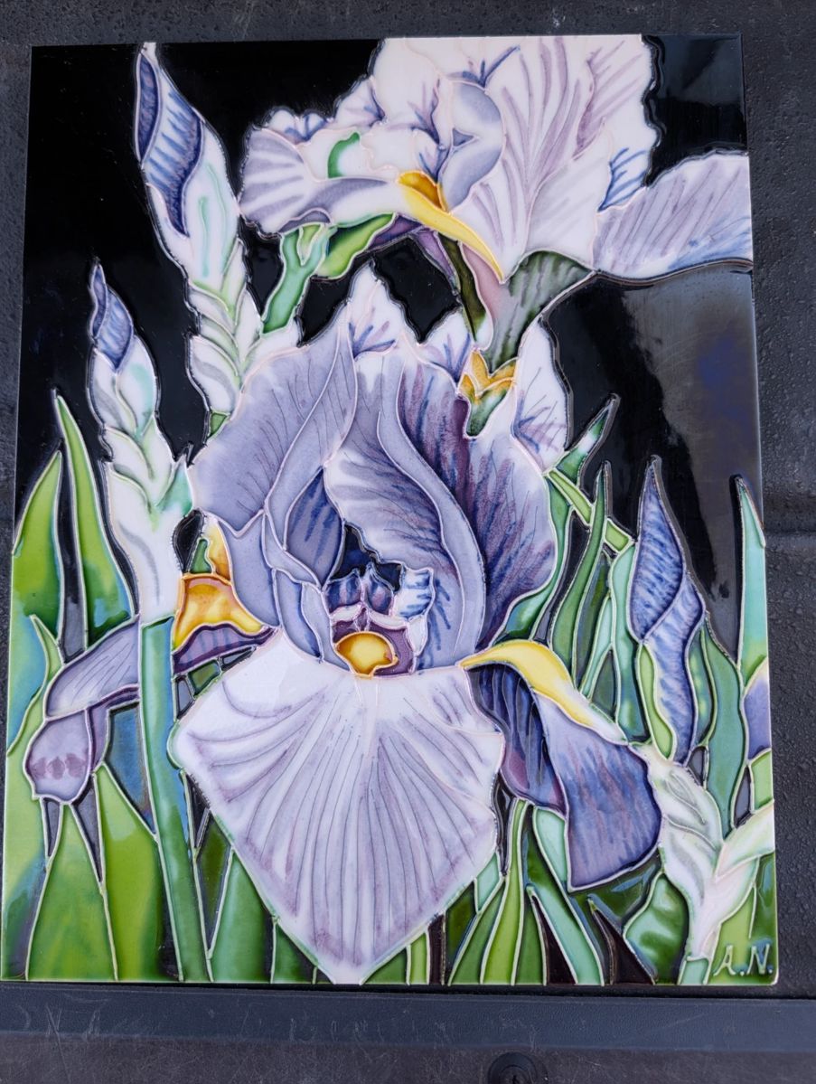 Iris Tile Art: Vibrant, beautiful ceramic tile artwork depicting purple irises.