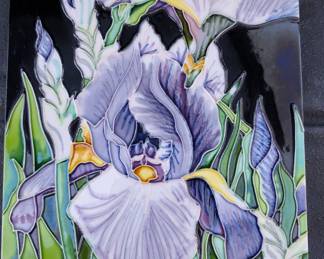 Iris Tile Art: Vibrant, beautiful ceramic tile artwork depicting purple irises.