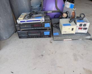 AV & Electronics Stack: A solid assortment of reliable electronics, including a Sony CD player ($20), Kenwood double cassette deck ($20), Coby DVD player ($10), and heavy-duty voltage regulators.