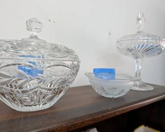 Crystal Serving Pieces: Beautifully etched crystal candy dishes with lids, glass serving bowls.
