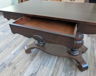 Table Drawer & Construction: Detail shots of the antique double-pedestal table highlighting the storage drawer.