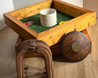 Vintage Wood And Metal Track And Field Discus , Durban Steel Throwing Horse Shoes, Washers Game