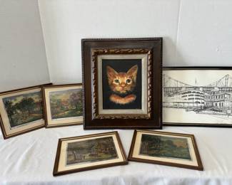 Vintage Currier Ives Framed Prints, Admiral  Goldonpod Print , Cat On Canvas no Glass