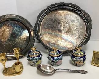Silver Plate Platters, Brass Candle Sticks, Porcelain Trinket Jars