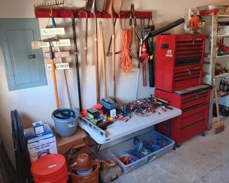 Craftsman toolbox, Ryobi rechargeable blower with two batteries, Old fashioned Ice Cream makers, Stihl gas blower  