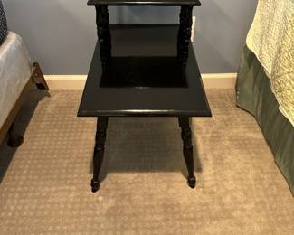 P63 - $15. Single Side Table painted Black Lacquer. In good condition. Measures 15” wide x 24” deep x 22” tall.