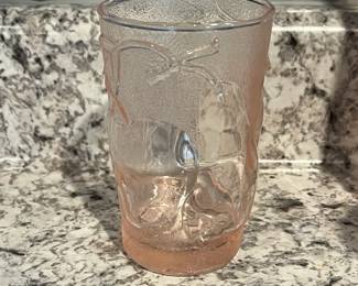 P43 - $65. Vintage Italian Fruit Motif Pink Glass Pitcher with 6 Matching Glasses. 